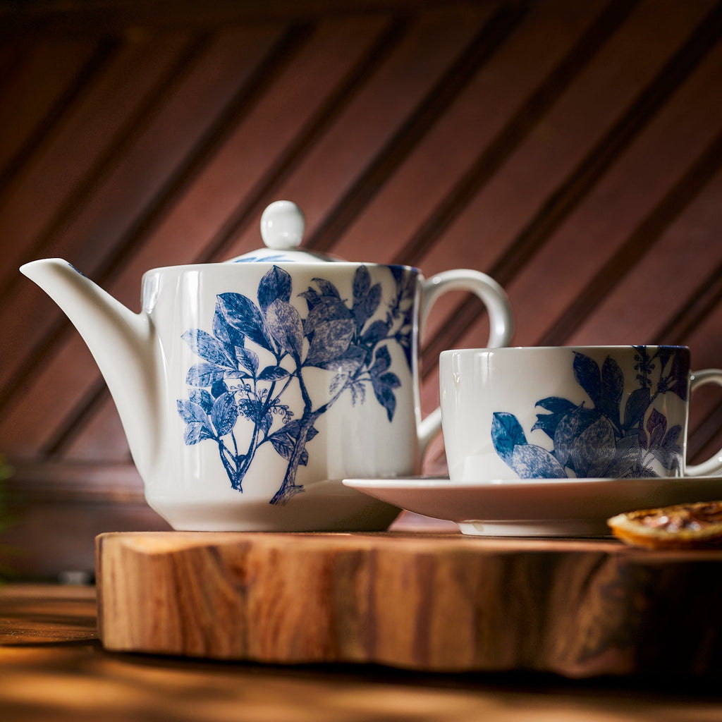 Arbor blue and white bone china teapot and tea cup and saucer from Caskata.