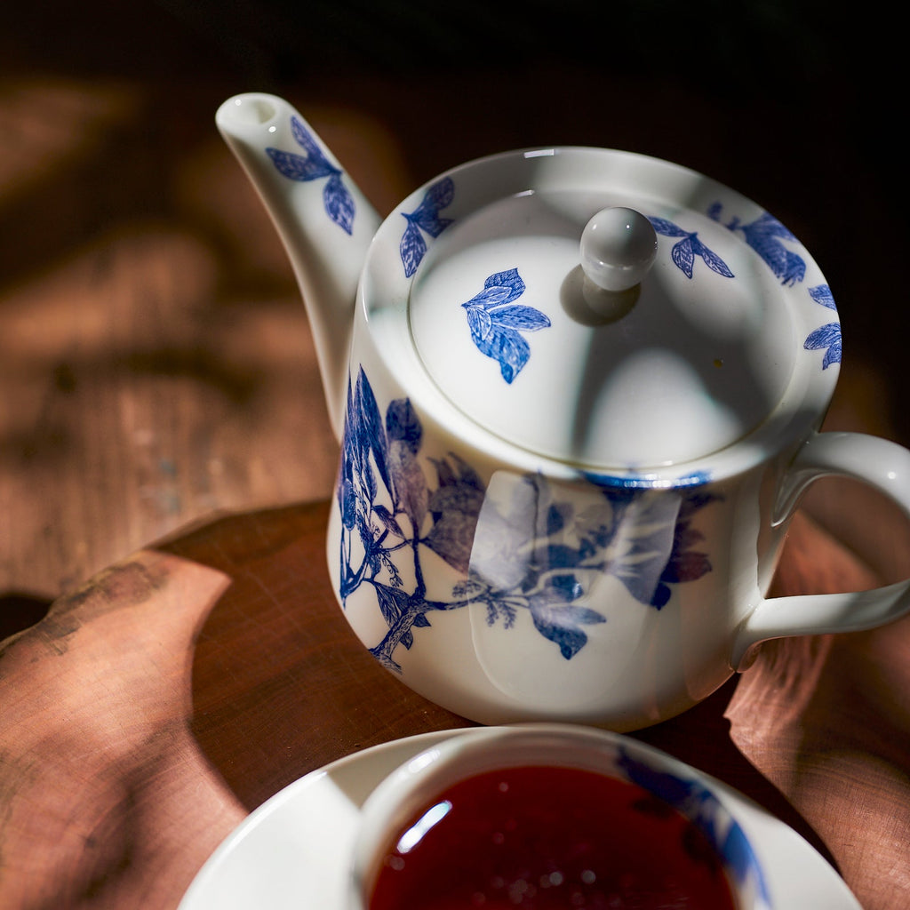 Arbor blue and white bone china teapot from Caskata.