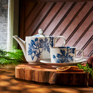 Arbor blue and white bone china teapot and tea cup and saucer from Caskata.