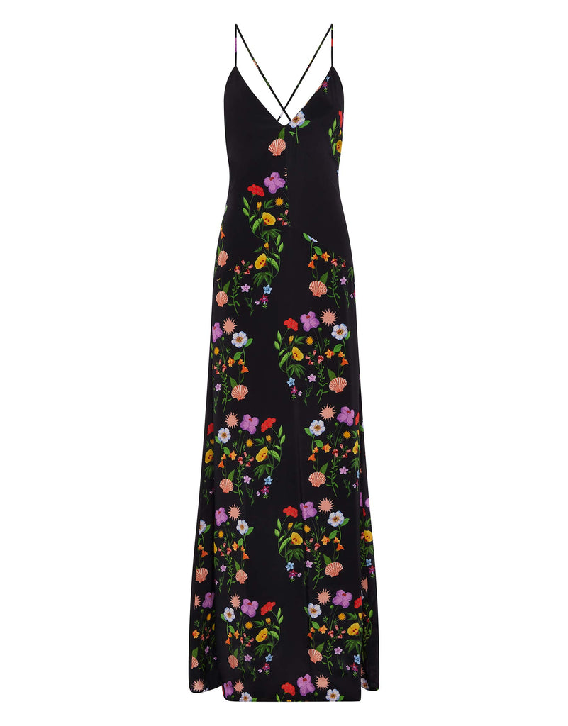 Olive Crepe Maxi Dress in Terrazo Flower Black