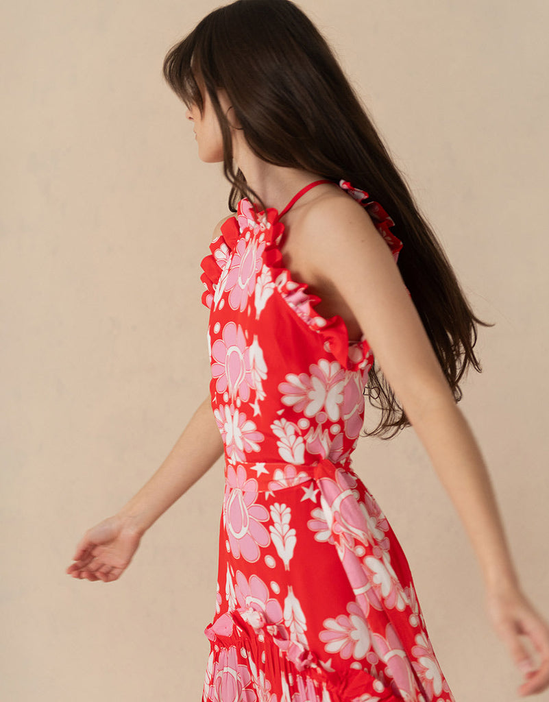 Tatiana Crepe Maxi Dress in Geo Flower Red