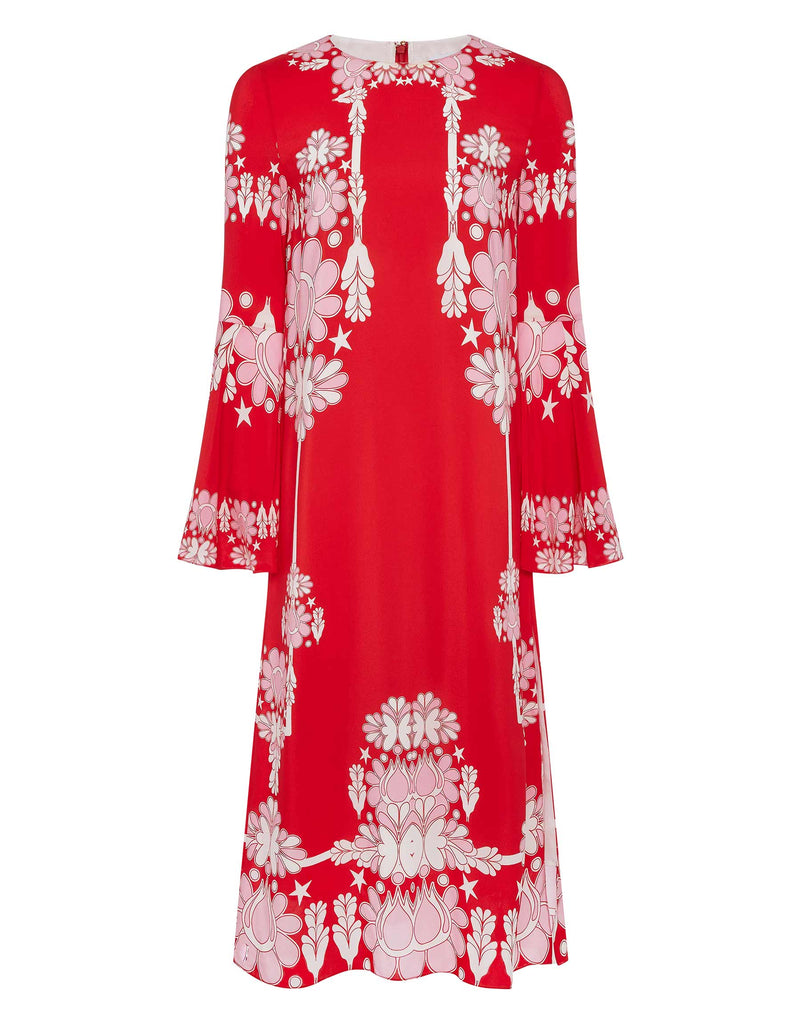 Astoria Crepe Midi Dress in Geo Flower Red