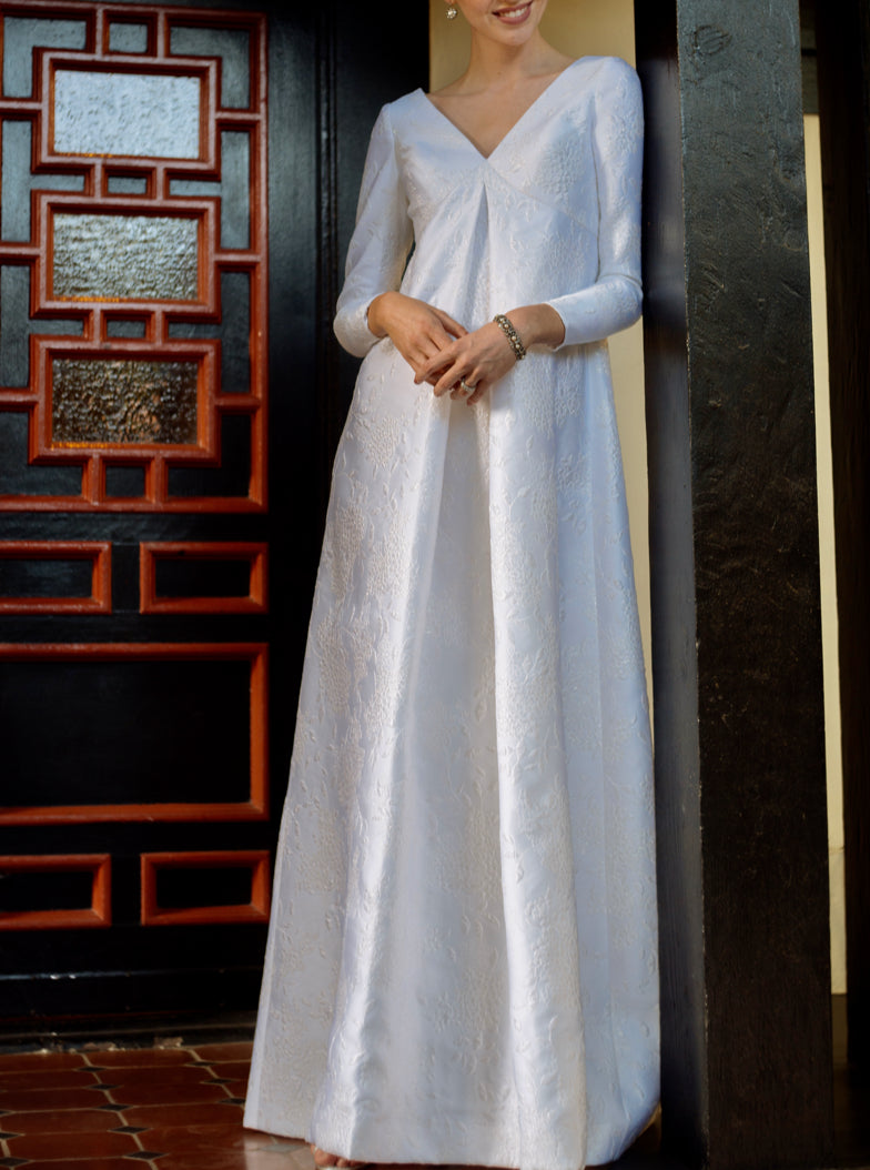 Pleat Front Long Sleeve Wedding Gown