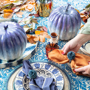 Straw Pompom Napkin Rings in Indigo, Set of Four