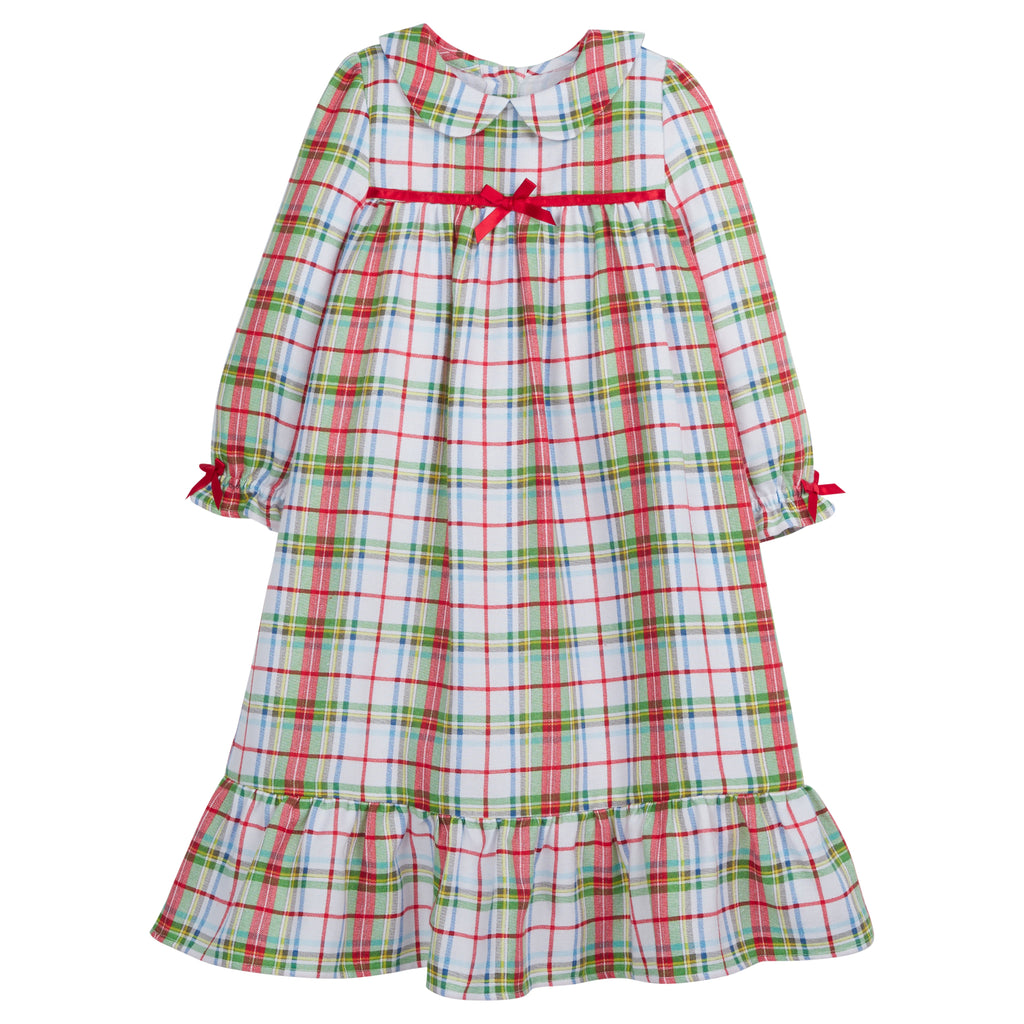 Little English traditional girl's flannel style nightgown, little girl's classic christmas nightgown with bow in plaid