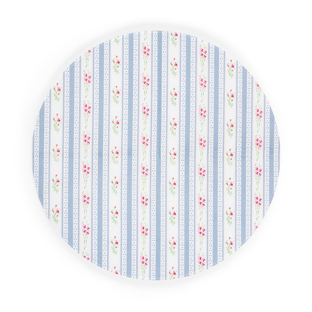 Linen-printed acrylic circular placemat with vintage gray and white floral fabric.