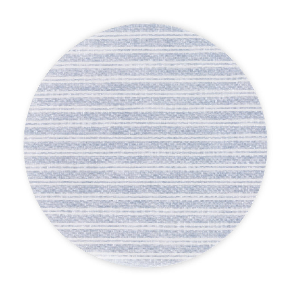 Linen-printed acrylic circular placemat with neutral gray and white stripe.