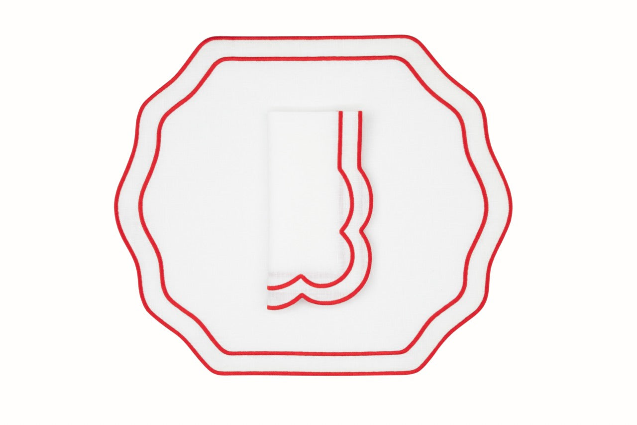 Stucco Linen Napkin and Placemat in White with Red Trim, Set of 2