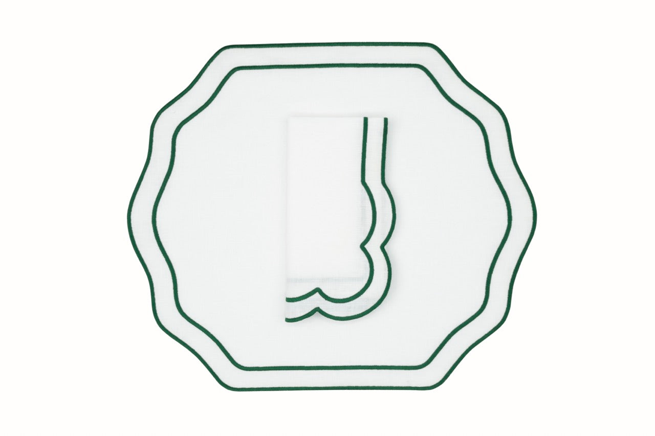 Stucco Linen Napkin and Placemat in White with Green Trim, Set of 2