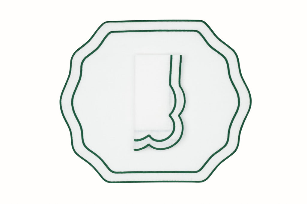 Stucco Linen Napkin and Placemat in White with Green Trim, Set of 2