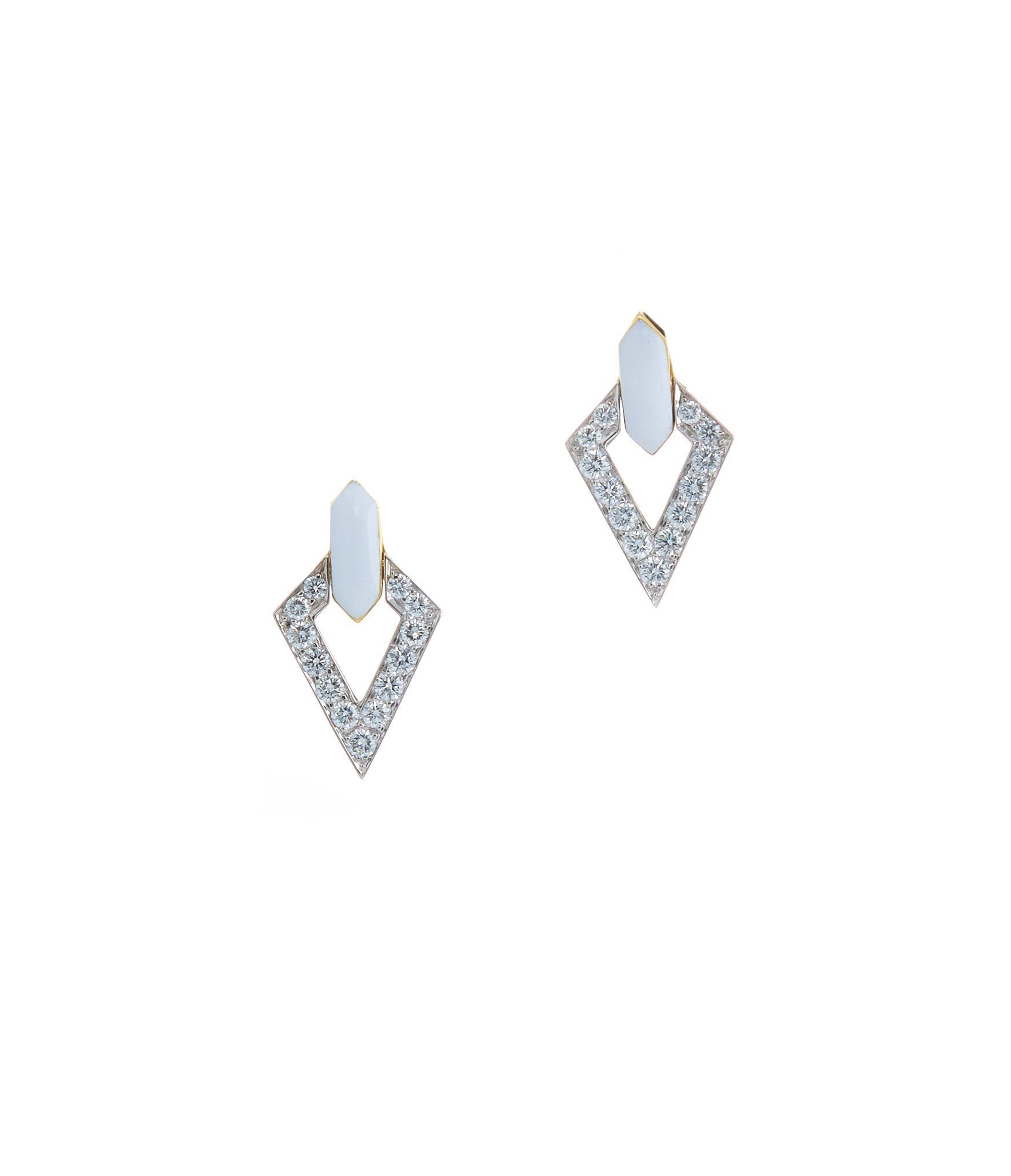 Double Diamond Stud Earrings in White Enamel