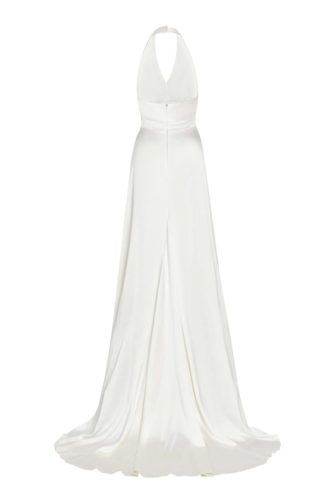 Francoise White Silk V-Neck Halter Gown With Train