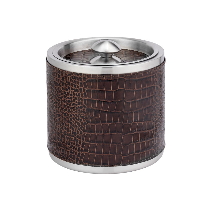 Leather Ice Bucket with Tongs in Crocodile Embossed Leather