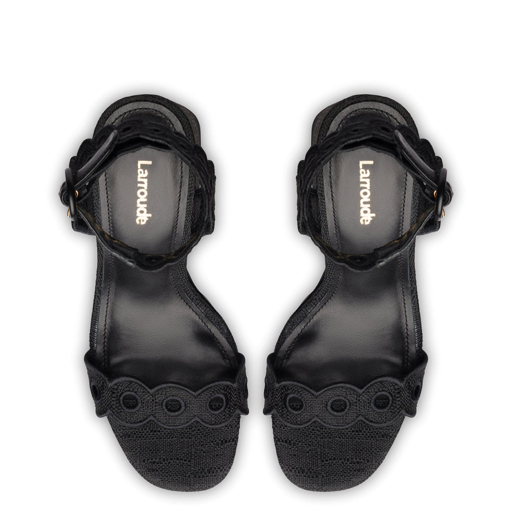 Dolly Broderie Sandal In Black Raffia
