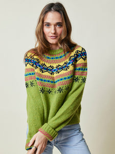Nora Snowflake Crewneck Sweater Lingua Franca NYC Green Fair Isle XS