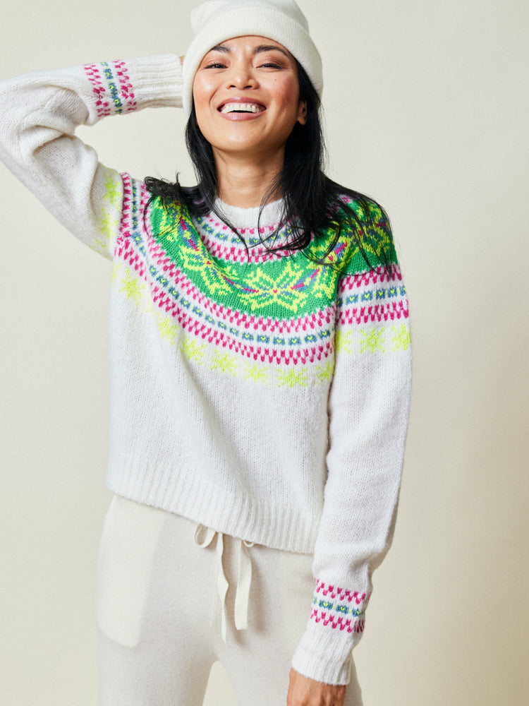Nora Snowflake Crewneck Sweater Lingua Franca NYC Cream Fair Isle XS