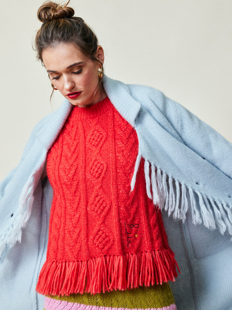 Mavis Fringe Knit Coat  Lingua Franca NYC