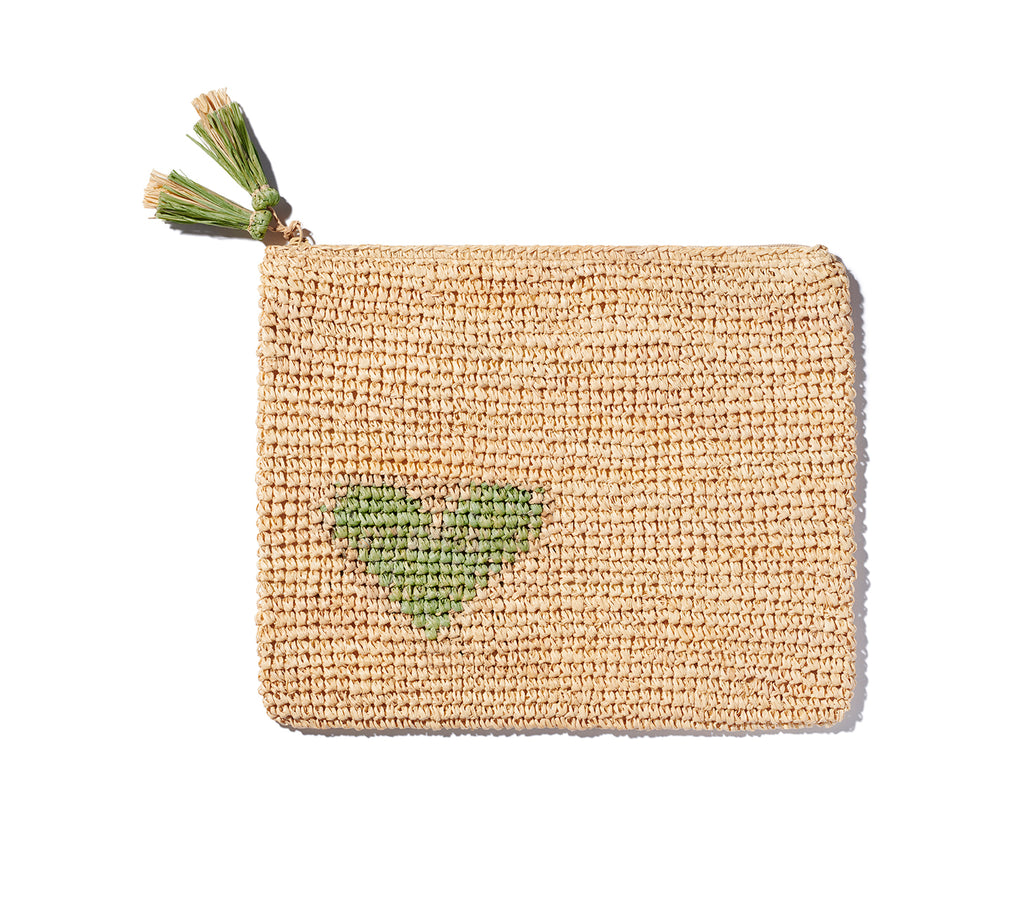 Aerin Heart Raffia Zip Pouch on Over The Moon