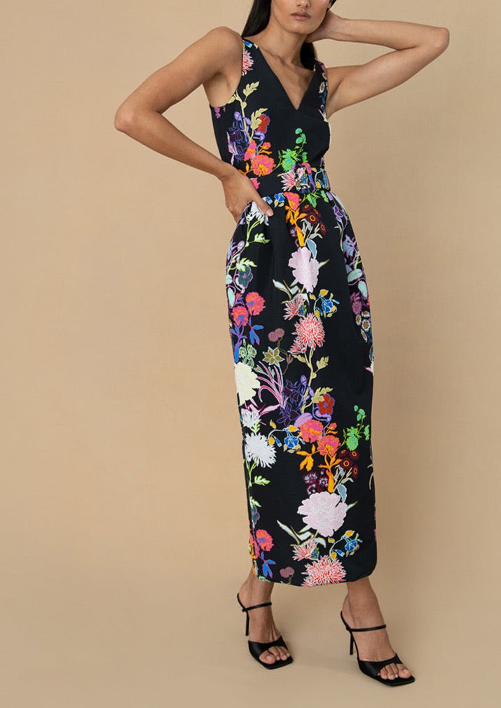 Jules Taffeta Midi Dress in Jardin Black
