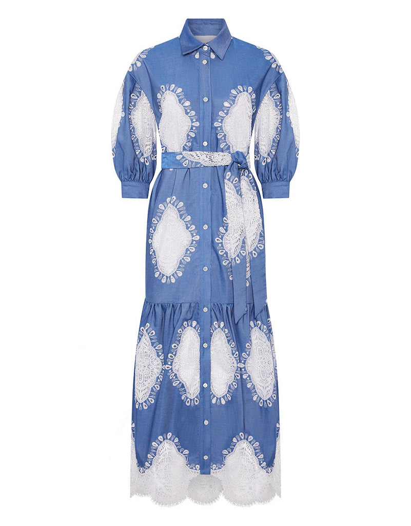 Bianca Denim Maxi Dress in Ivory Lace