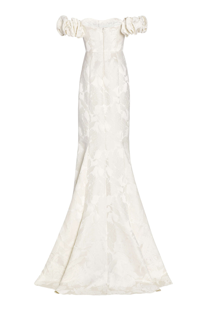 Luisa Off-The-Shoulder White Floral Jacquard Gown With Puff Sleeves