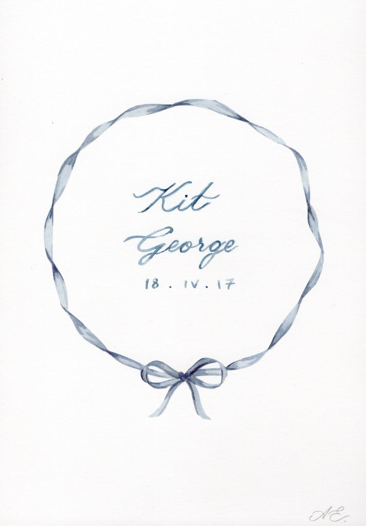 memo press art print of a ribbon wreath and personalised with a baby name and date of birth, the perfect present