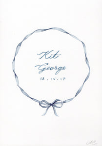 memo press art print of a ribbon wreath and personalised with a baby name and date of birth, the perfect present