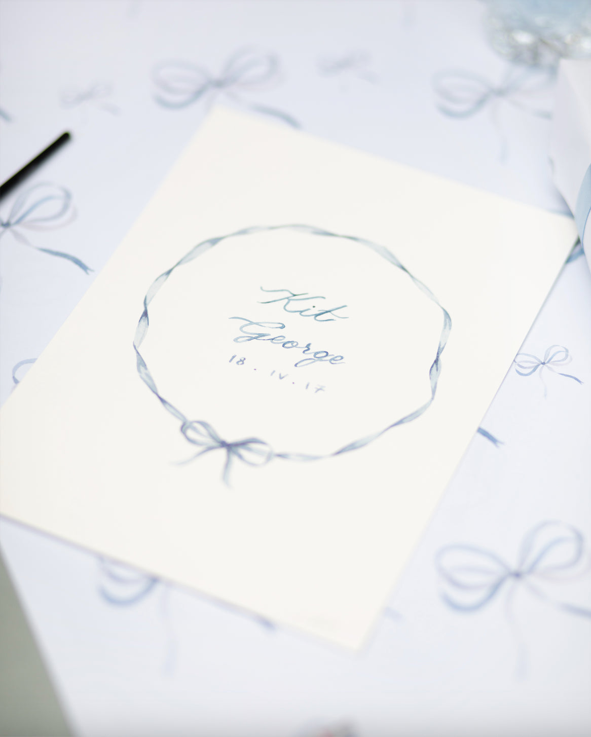 memo press art print of a ribbon wreath and personalised with a baby name and date of birth, the perfect present