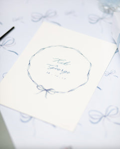 memo press art print of a ribbon wreath and personalised with a baby name and date of birth, the perfect present