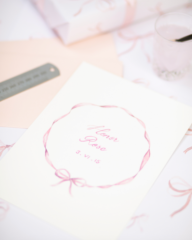 memo press art print of a ribbon wreath and personalised with a baby name and date of birth, the perfect present