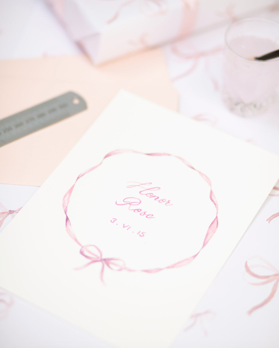 memo press art print of a ribbon wreath and personalised with a baby name and date of birth, the perfect present