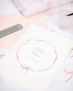 memo press art print of a ribbon wreath and personalised with a baby name and date of birth, the perfect present