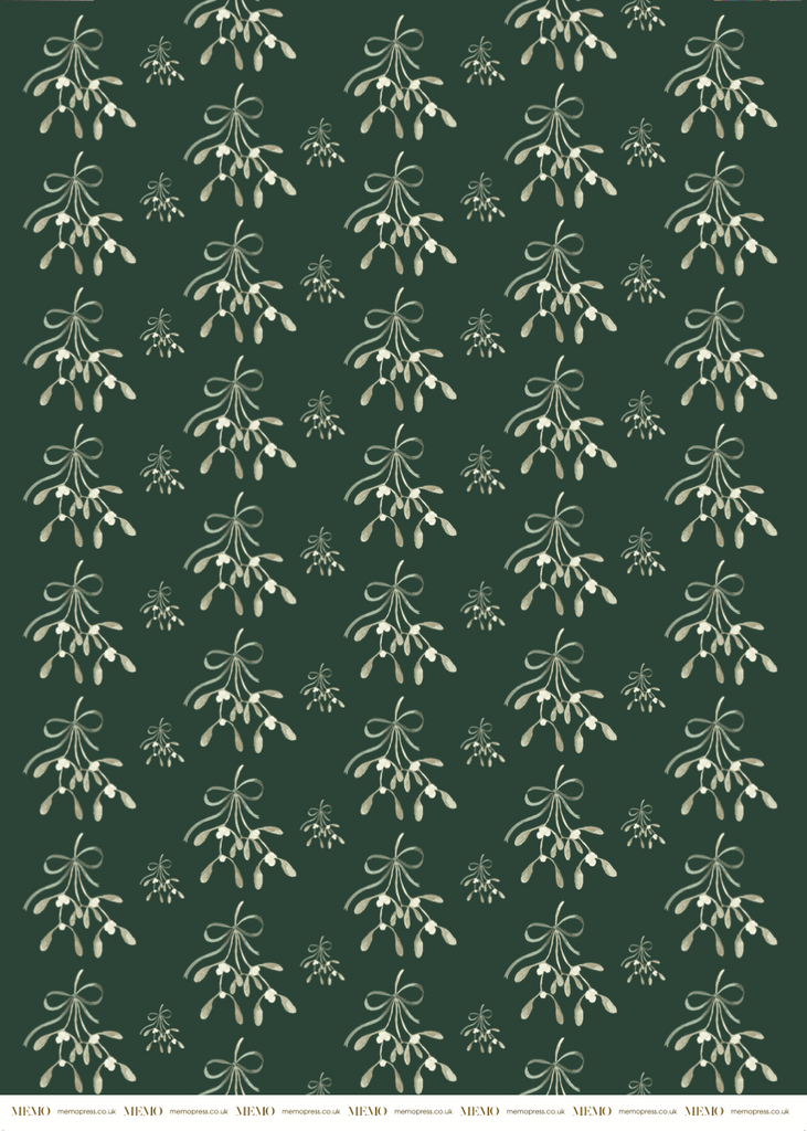 Luxury Wrapping Paper for Christmas with watercolour illustrations of mistletoes tied with a velvet ribbon on green paper by Memo Press