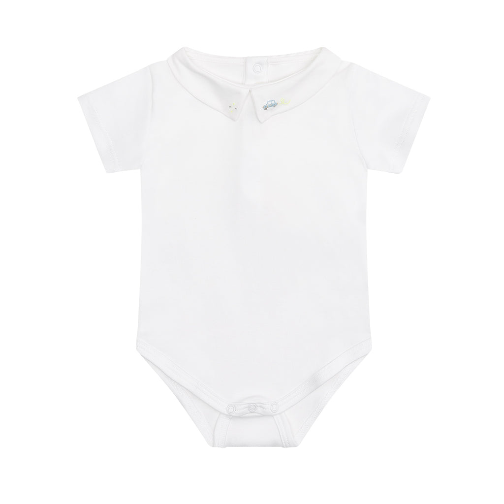 Ethan Embroidered Car Pointy Collar Onesie