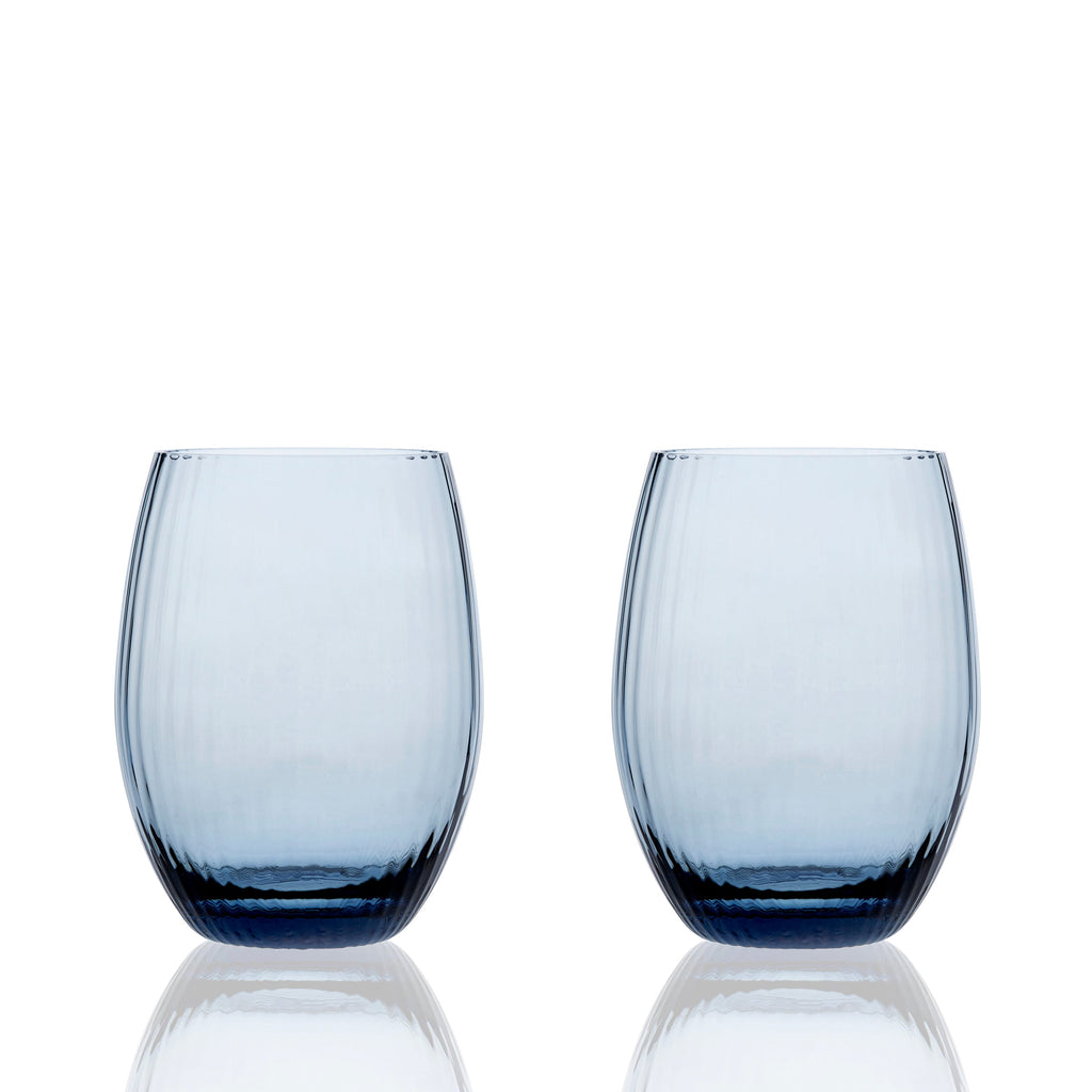 Quinn Tumblers or Stemless Wine Glasses in Ocean Blue, Mouth Blown Crystal from Caskata Set of 2
