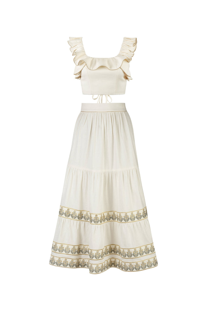 Parya Ruffle Skirt - Ivory & Green Rosewater House