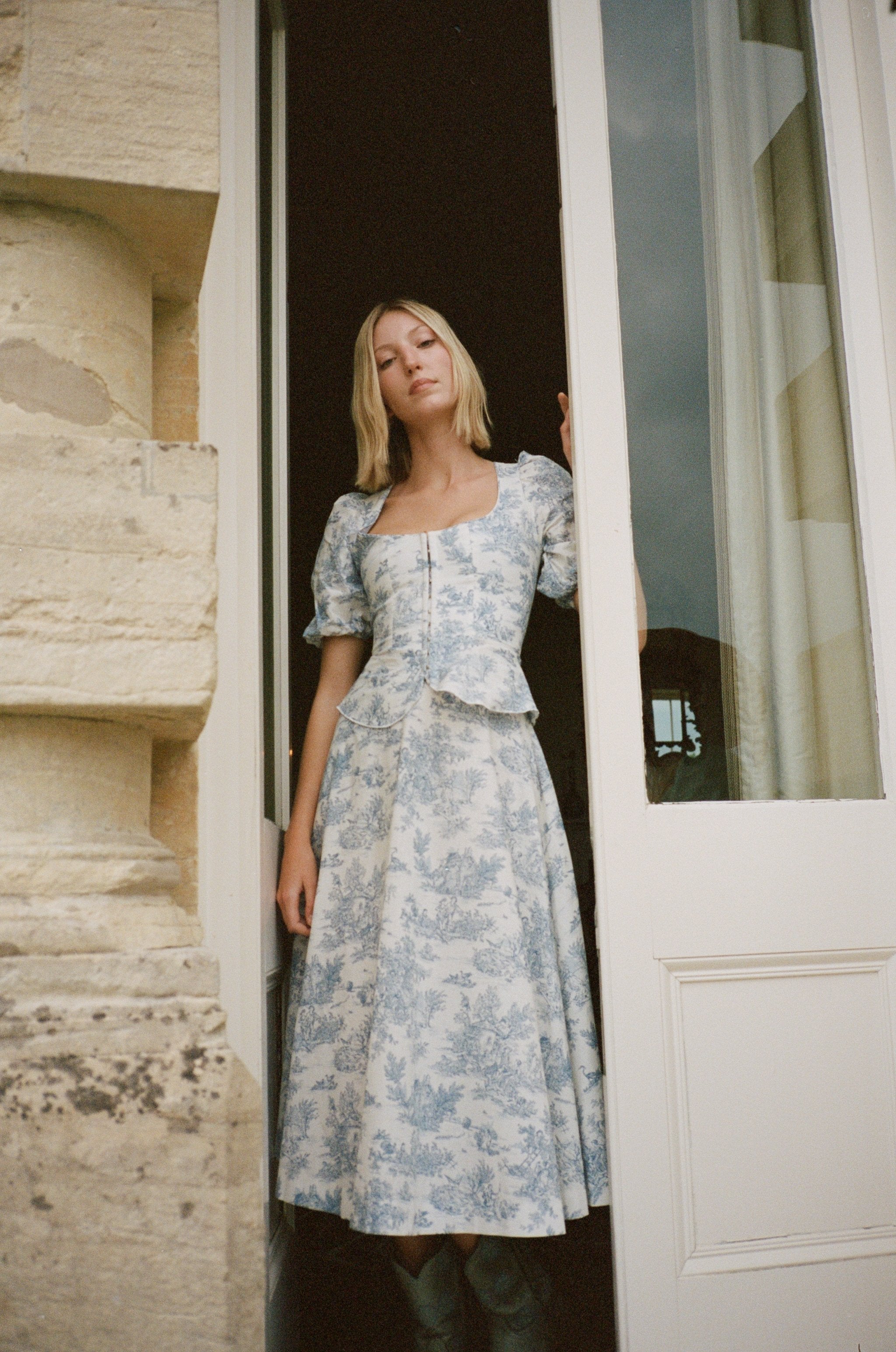 Roya Bodice in Blue Toile de Jouy