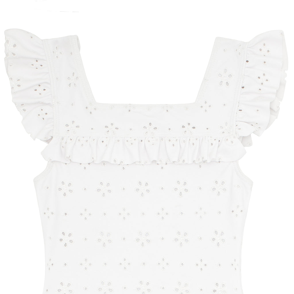Girls White Eyelet Square Neck Double Ruffle One Piece