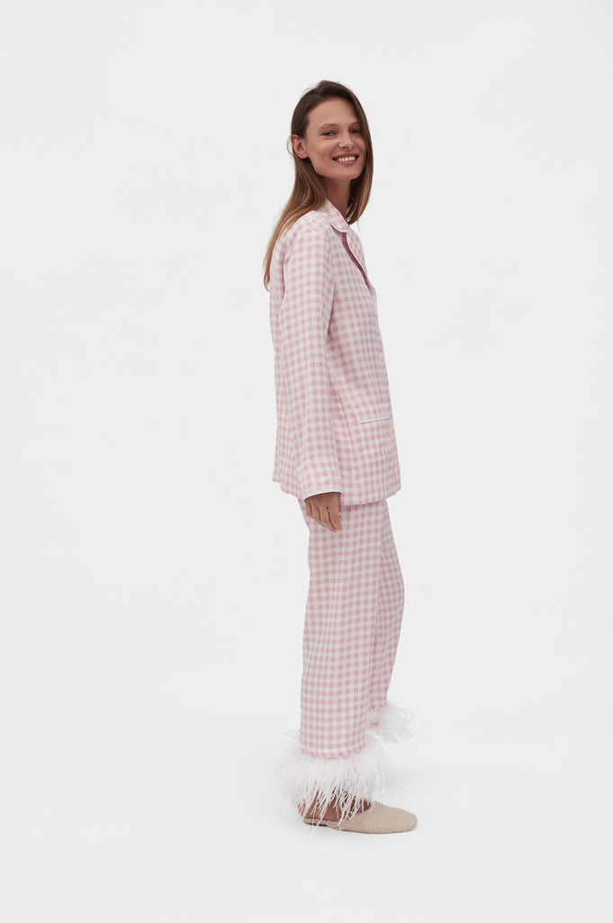 Party Pajama Set with Feathers in Pink Vichy