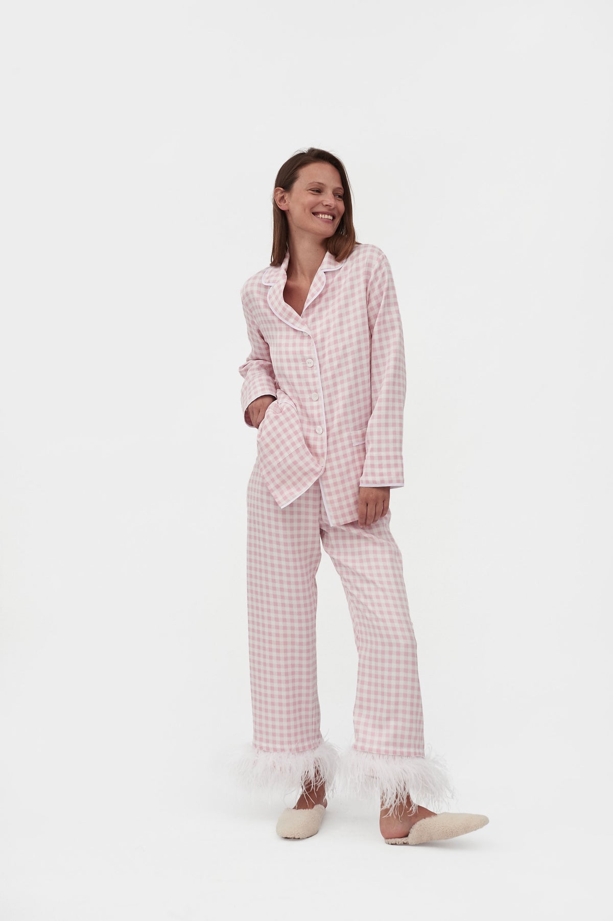 Party Pajama Set with Feathers in Pink Vichy