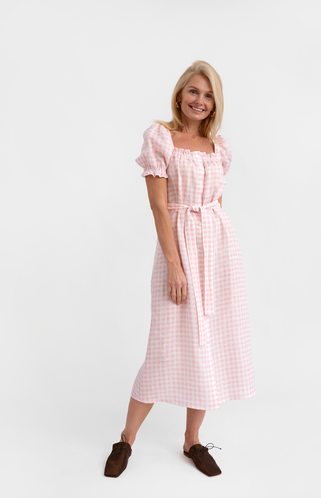Brigitte Midi Linen Dress in Pink Vichy
