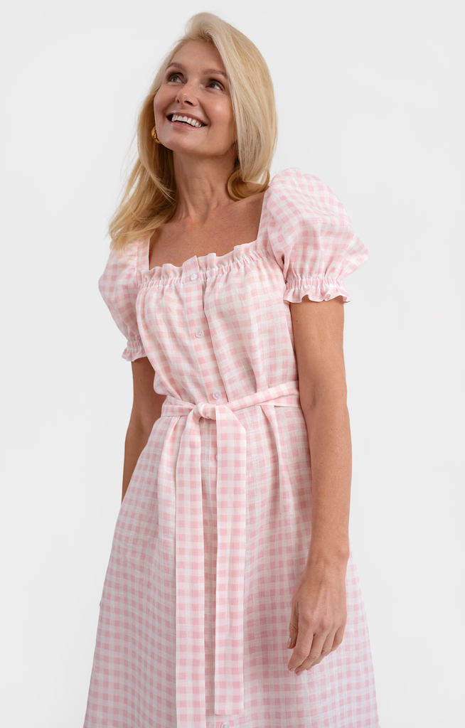 Brigitte Midi Linen Dress in Pink Vichy