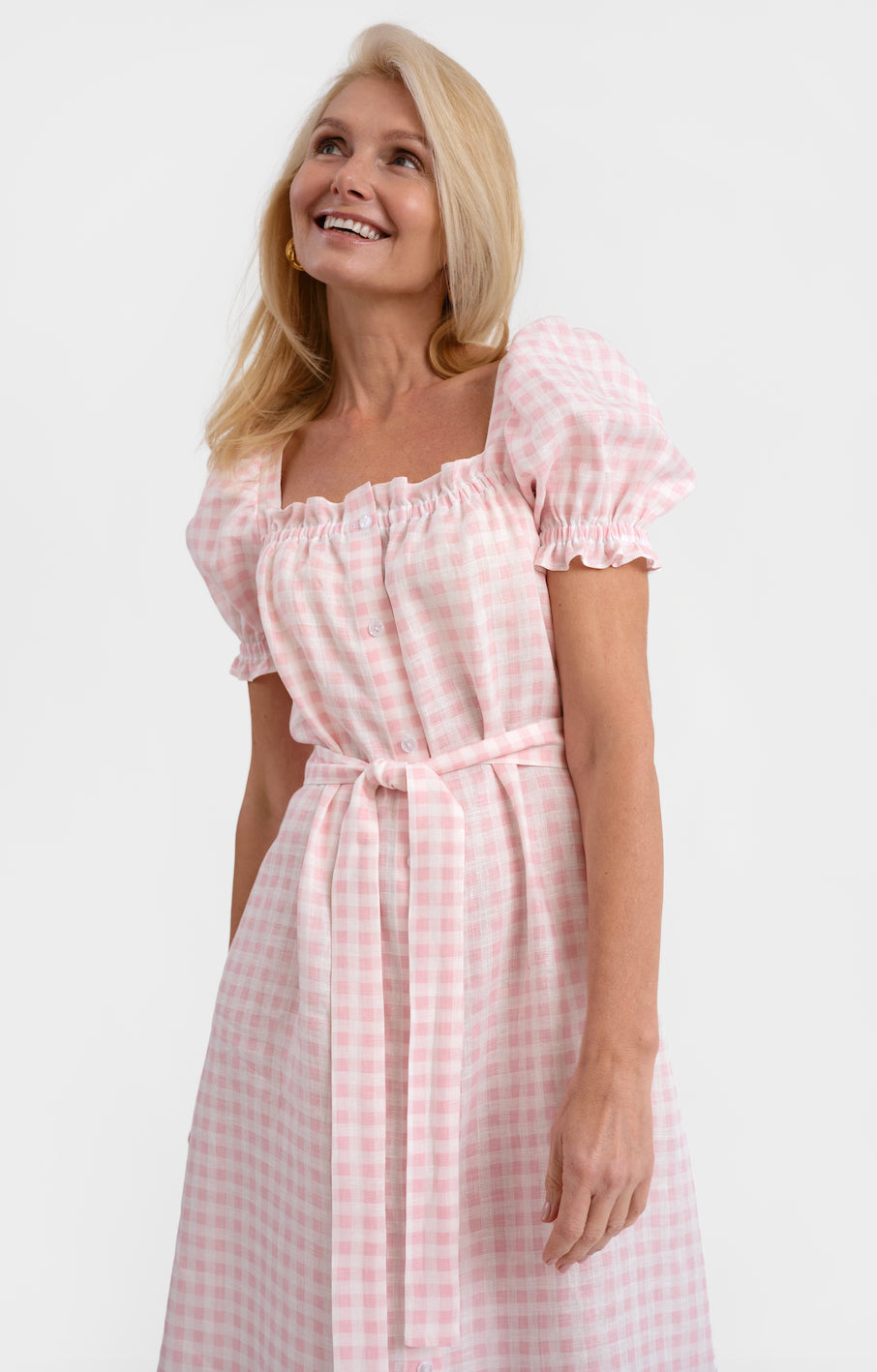 Brigitte Midi Linen Dress in Pink Vichy