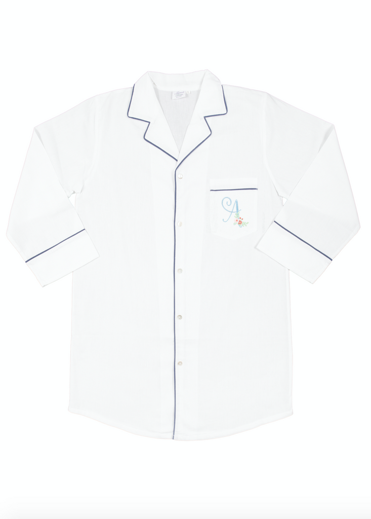 Ally White Cotton Nightshirt with Navy Blue Piping