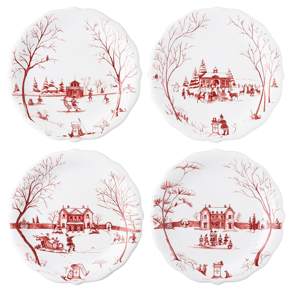Country Estate Winter Frolic Ruby "Mr. & Mrs. Claus" Party Plates, Set of 4