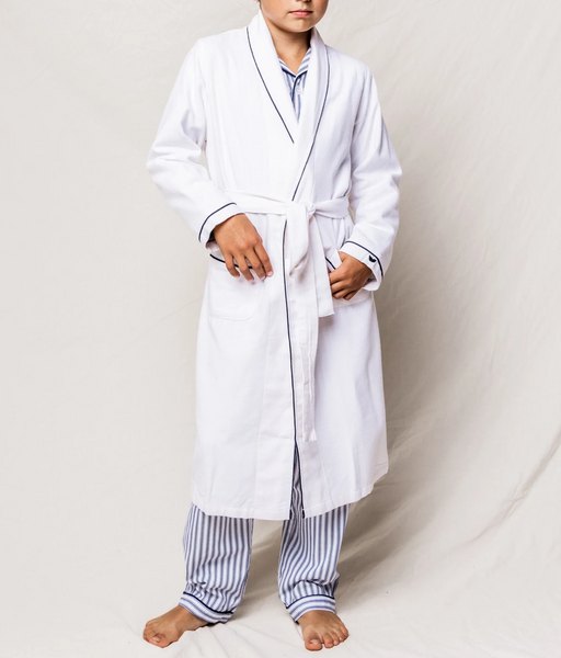 Kid's Flannel Robe in Navy with White Piping – Petite Plume