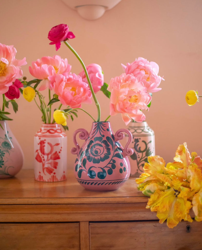 Amphora Vase in Raspberry & Pine Green