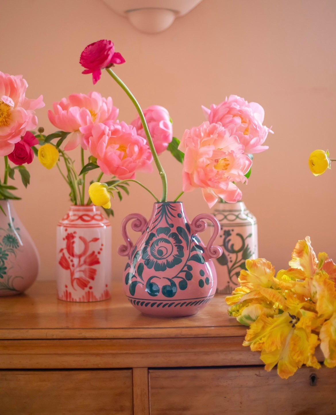 Amphora Vase in Raspberry & Pine Green