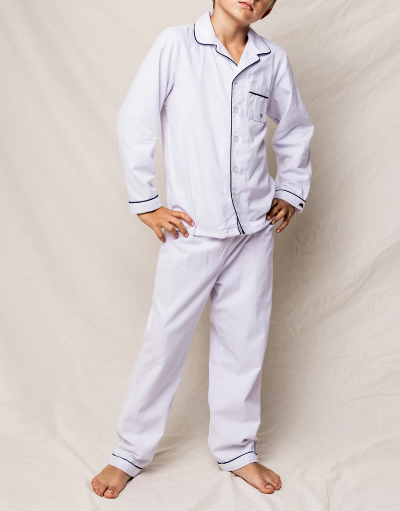 White Pajama Set with Navy Piping