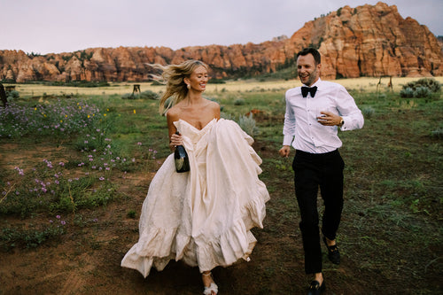 The Bride Wore Custom Markarian to Her "City-Meets-Desert Black-Tie Garden Party" Wedding in Zion National Park